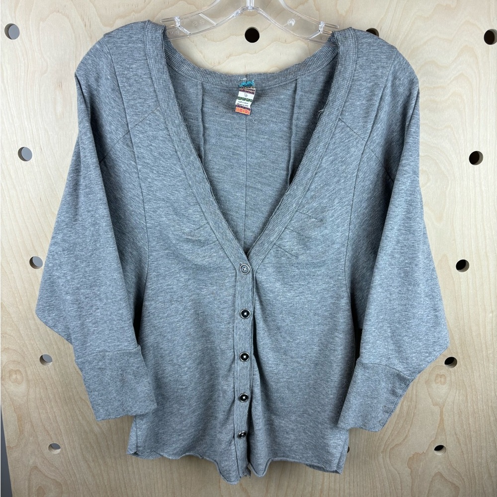 Free People Gray Dolman Sleeve Back Ruched V-Neck Cardigan Sweater Size Small